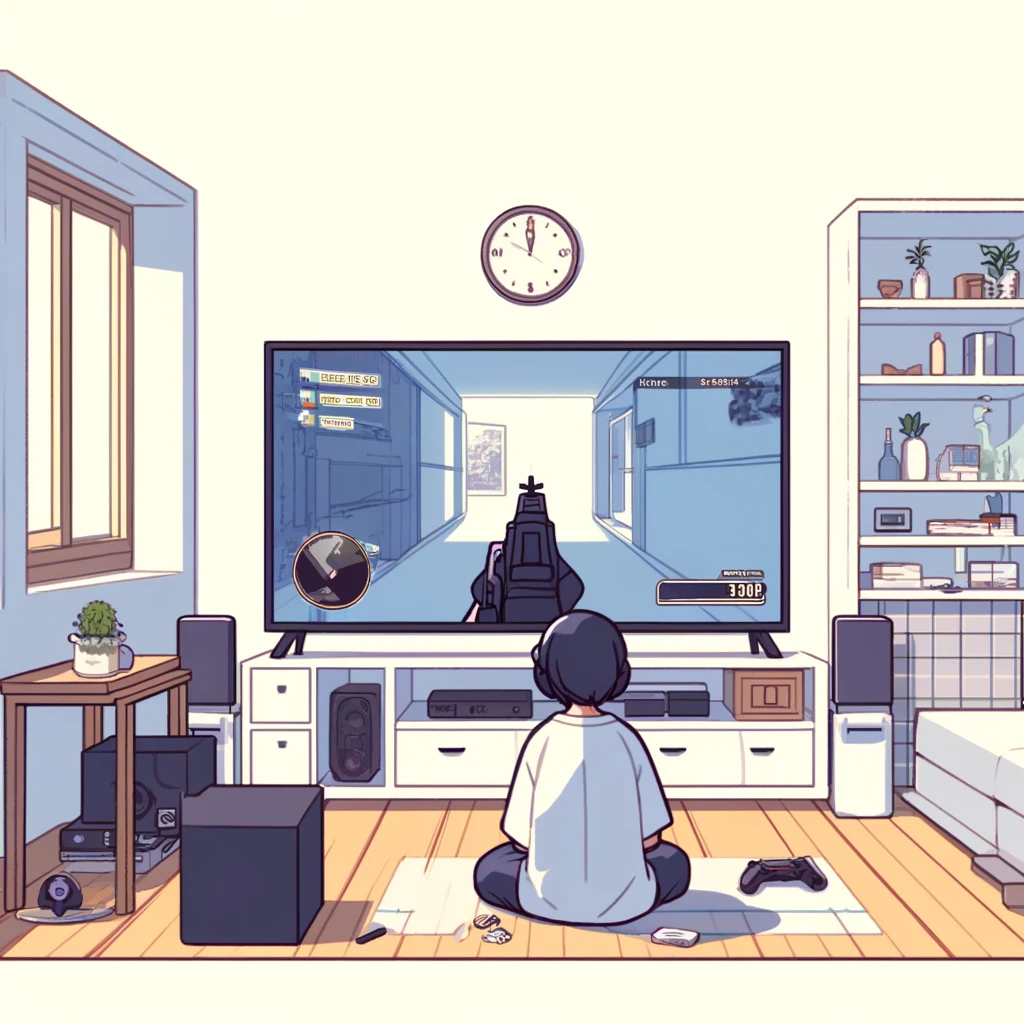 シンプルでモダンなアニメスタイルの部屋でゲームをしている様子。部屋には快適なゲーミングセットアップがあり、画面にはFPS（ファーストパーソンシューティング）とTPS（サードパーソンシューティング）のゲームが表示されています。左側の画面は銃を構えたFPS視点を、右側の画面はキャラクターを後ろから見たTPS視点を示しています。